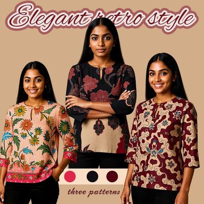 Винтажная повседневная блузка, для женщин, цветочный принт, круглый вырез, рукава три четверти, элегантный свободный топ