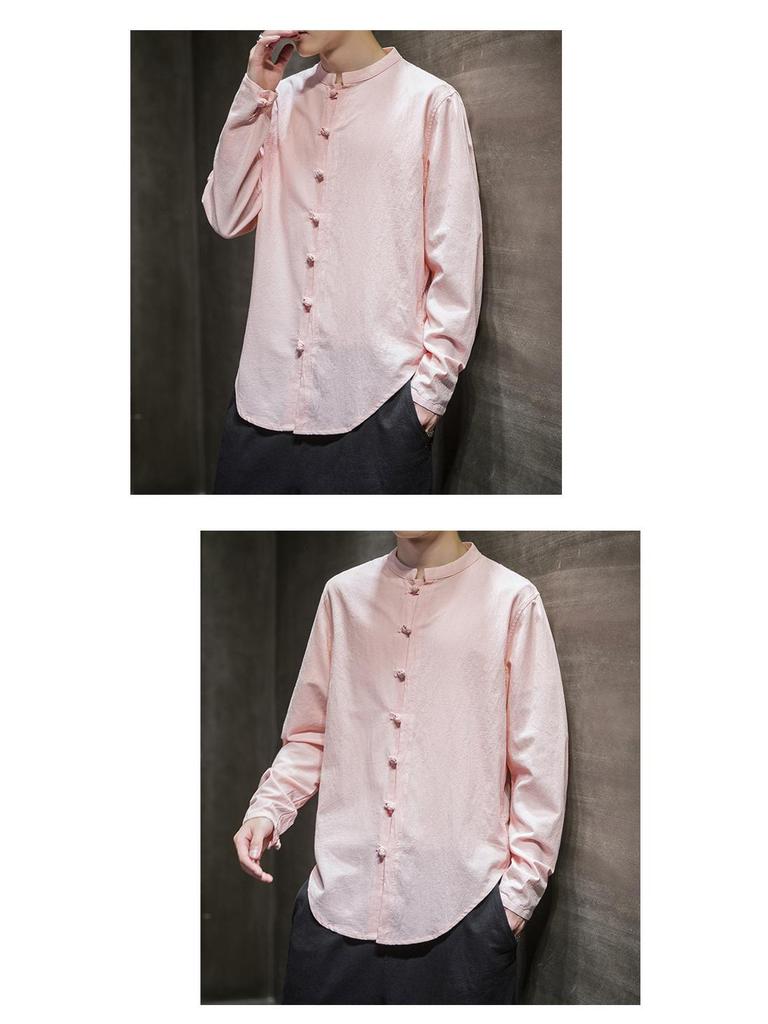 Мужская повседневная рубашка из хлопка и льна в китайском стиле 2023 года — большой размер, однотонная, на пуговицах, коллекция весна/лето
