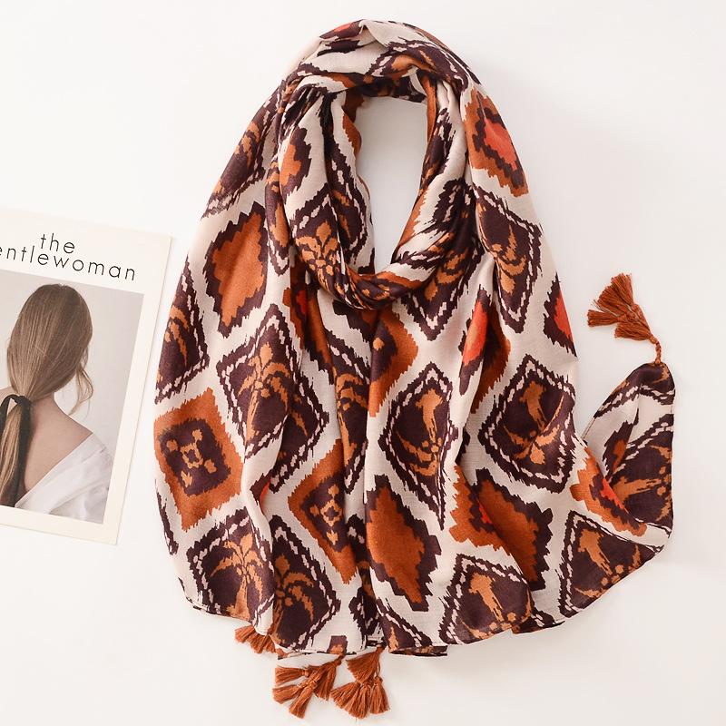 Beige Coffee Scarf Luxury Thin Womens Scarves Spring Floral Hijab Veils Soft Cotton Shawl Wrap Tassel Viscose Muslim Woman Hijab