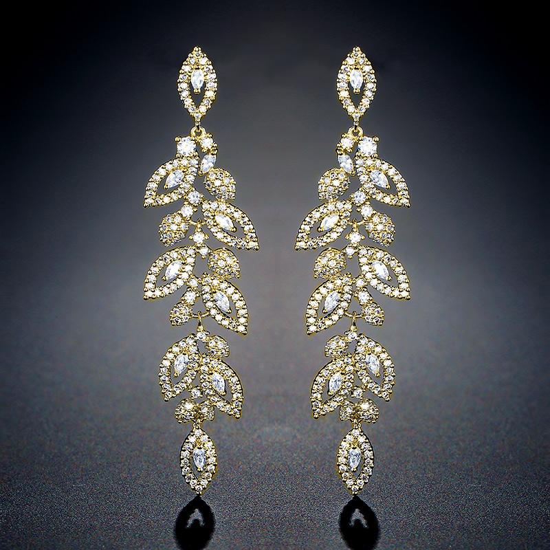 ZAKOL Luxury Shiny Zircon Polish Bridal Wedding Dange Earrings Elegant Marquise Leaf AAA CZ Long Drop Earring Party Jewelry