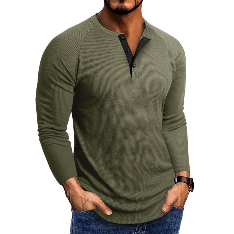 Мужская повседневная футболка-henley с вафельной вязкой, с длинным рукавом