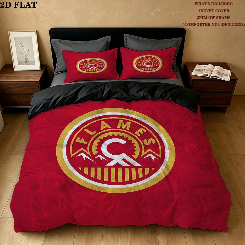 Calgary Flames Pattern Bedding Quilt Set Home Decoration Gift (1 * duvet cover + 2 * pillowcase without core)