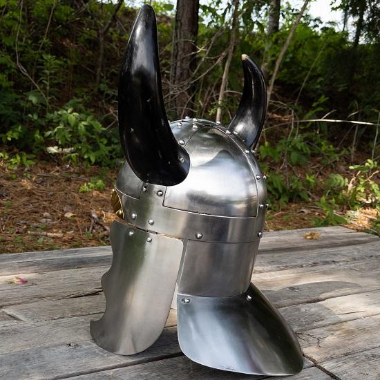 Viking Leader Horned Helmet - Medieval 18 Gauge Steel Unlined Fictional Prop Helmet W/ Real Buffalo Horns