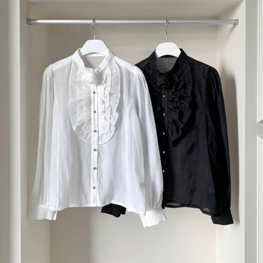 New Arrivals Open Run Women Flower Corsage Frill Button Sheer Long Sleeve Blouse