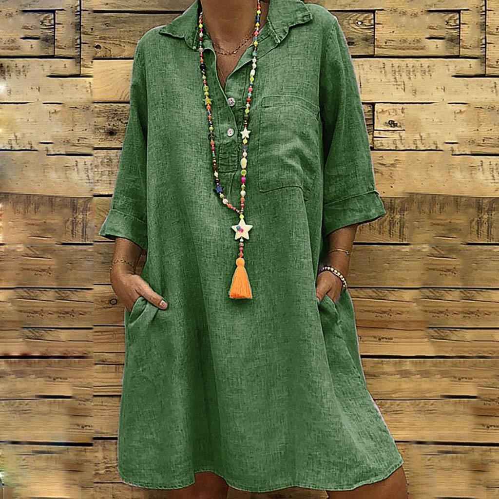 Women's Solid Boho Turn-down Collar Dress 3/4 Sleeve Casual Pocket Button Dress