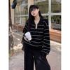 Autumn and Winter Olo Collar Lazy Striped Top Long Sleeve Loose Lapel Contrasting Color Long Sleeve Outer Women's Knitted Sweater