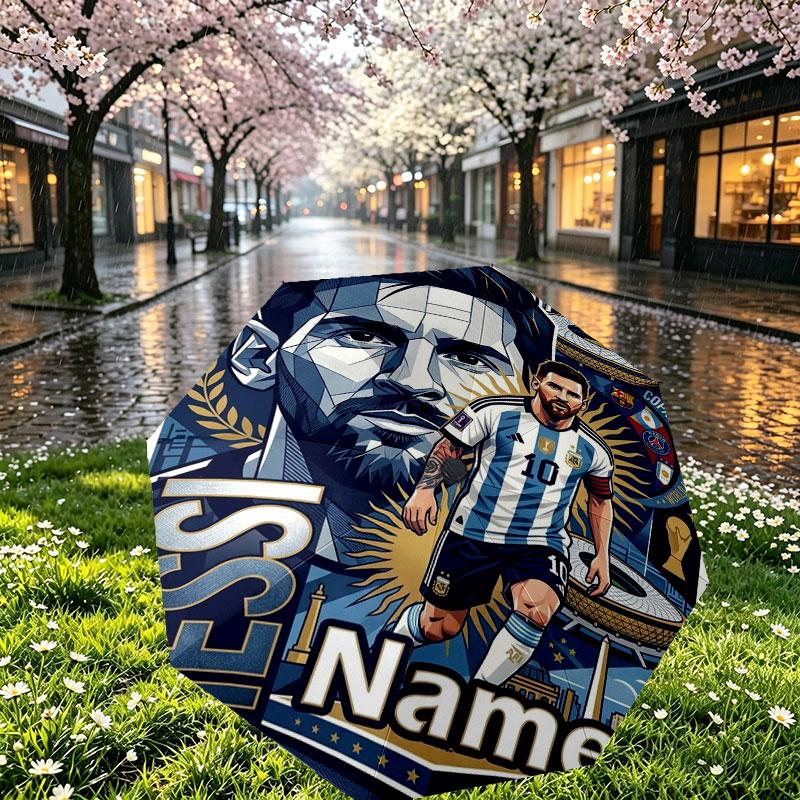 Custom Name Personalized Lionel Messi Print Umbrella, Auto Open Close, 8‑Rib Sturdy Frame, Commute Camping Hiking Use, Birthday Gift