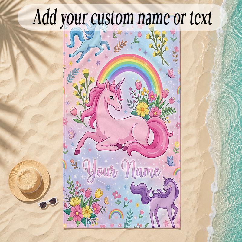 Unicorn Theme Soft Beach Towel Personalized Custom Name Text Towel Portable for Beach Pool Travel