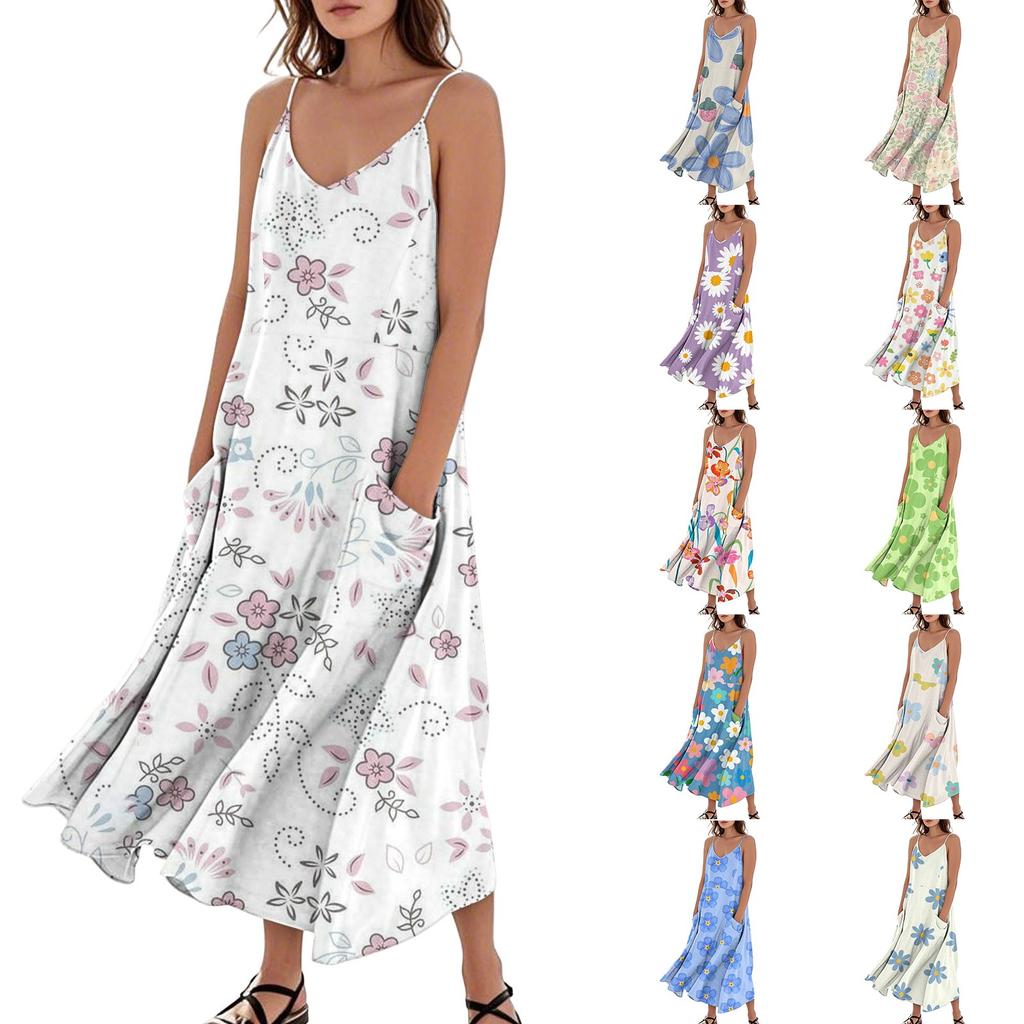 Women's Casual V Neck Floral Print Sleeveless Pocket Suspender Dress