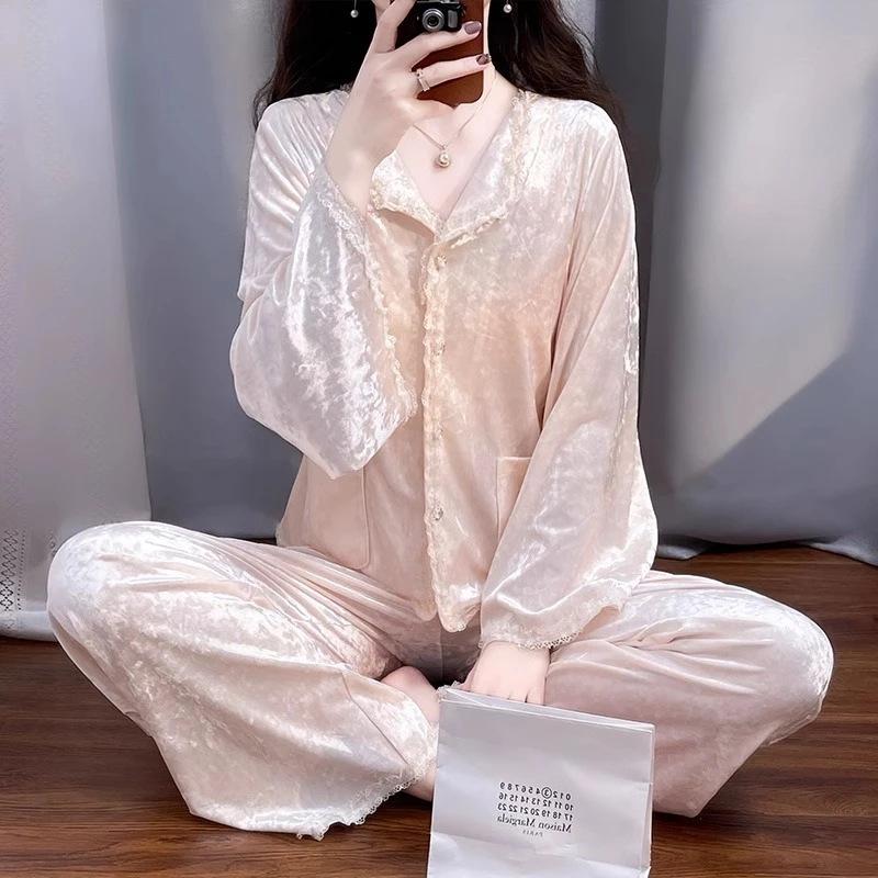 Новая женская мягкая велюровая пижама из 2 предметов, женский пижамный комплект с лацканами, наряды из французского бархата для дома