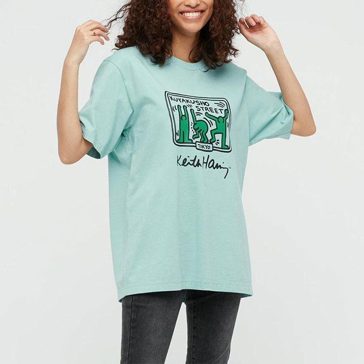 Uniqlo X Кит Харинг X Токио Графический Мультяшный Принт Футболка с Круглым Вырезом с Коротким Рукавом Унисекс Футболки Светло-Зеленый 437537-52