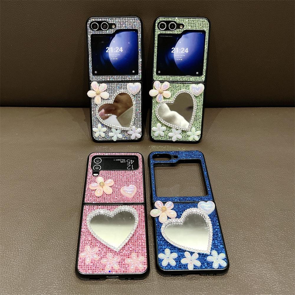 Роскошный чехол для телефона с бриллиантовым сердцем, зеркалом, жемчужным цветком и блестками для Samsung Galaxy Z Flip 3 4 5 6 5G
