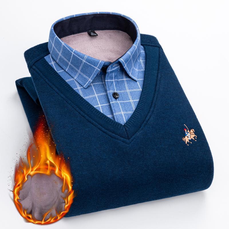 Мужской свитер с длинными рукавами, вышитый свитер, плюшевый утолщенный термоповседневный трикотажный свитер, рубашка