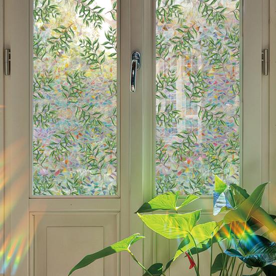 Iridescent Window Film Green Leaf Flower Pattern Non-Adhesive Glass Sticker Reusable Privacy Film
