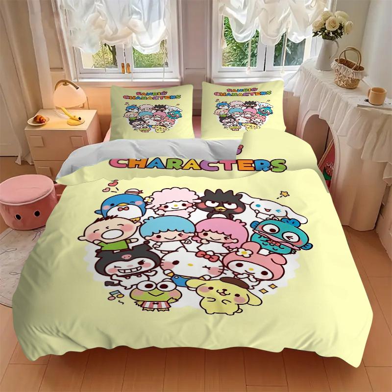 3 шт. Комплект постельного белья с рисунком «Сбор персонажей Sanrio», 1* Пододеяльник + 2* Наволочки, Комплект постельного белья с принтом, Мягкий и удобный.S085