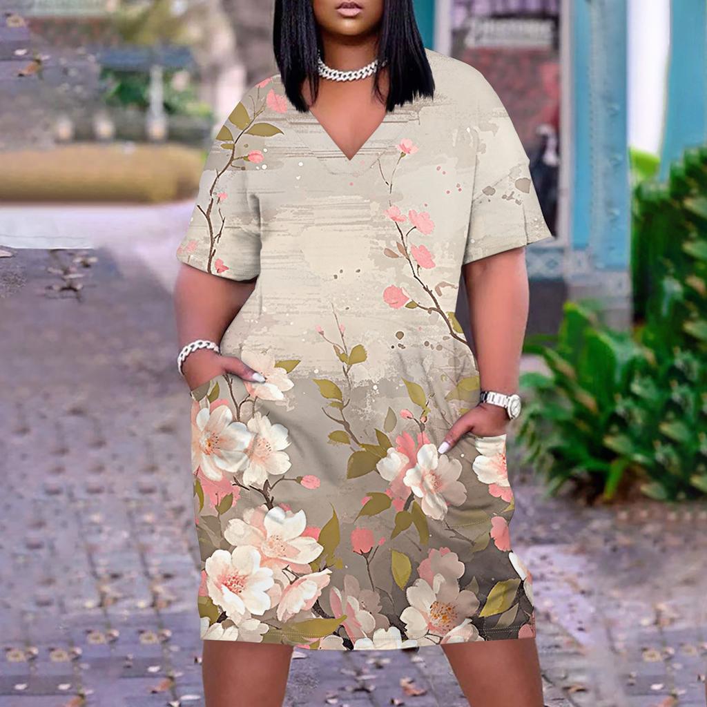 Большое платье, женское летнее платье с v-образным вырезом, платье с короткими рукавами и принтом, с карманами