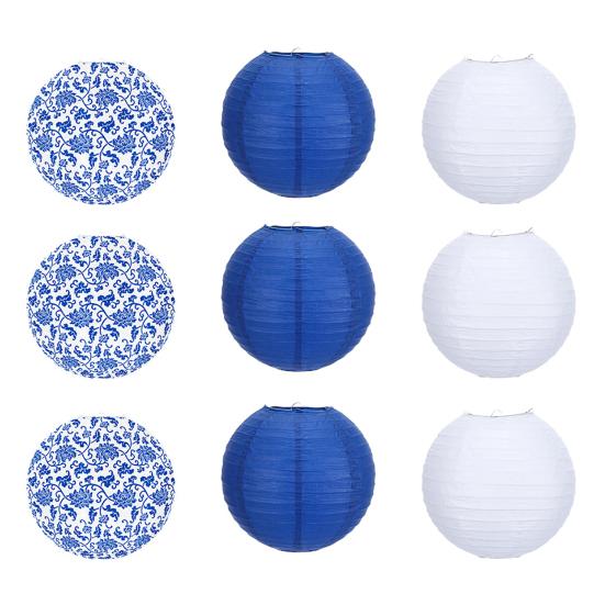 9 шт. Сине-белые китайские фонарики, подвесные круглые бумажные фонарики, украшение для свадьбы, дня рождения, вечеринки, потолочный декор