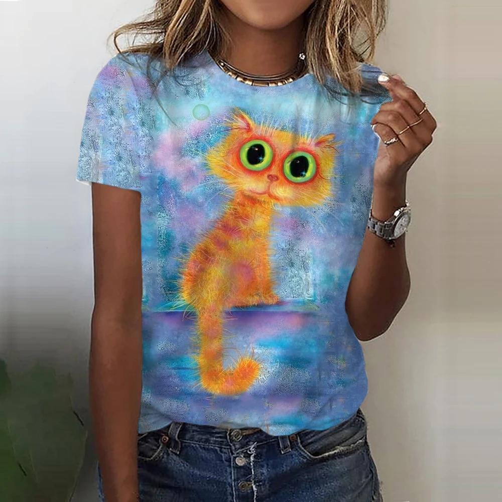 2025 Летняя женская футболка с рисунком милого кота, топы, футболки, женская модная одежда с коротким рукавом, повседневный стильный наряд