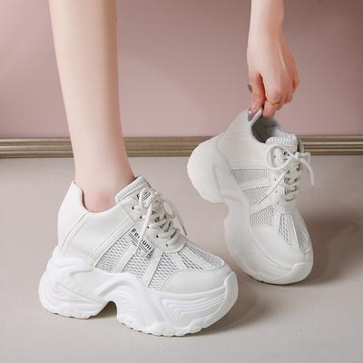 Женские кроссовки на платформе 7,5 см, шнуровка, осенние спортивные папины кроссовки, высокие массивные повседневные туфли, женские туфли на толстой подошве, сетчатые белые туфли