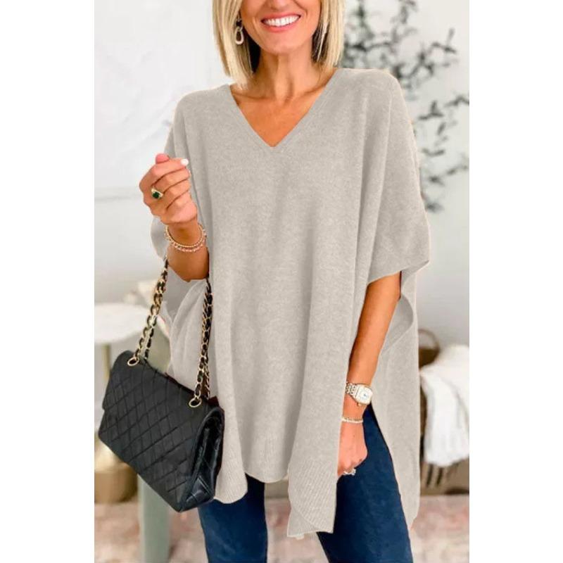 Women's Autumn and Winter V-neck Solid Color Relaxed Casual Sweater