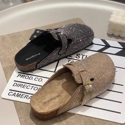 Ретро туфли Мюли на одной педали со стразами Мэри Джейн на плоской подошве универсальные с закрытым носком полушлепанцы женские 2025 весна и осень новые модели