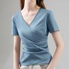 Ice-sensing Mercerated Cotton Short-sleeved T-shirt for Women's New Women's Solid Color Pure Cotton T-shirt Cross V-neck Design Top