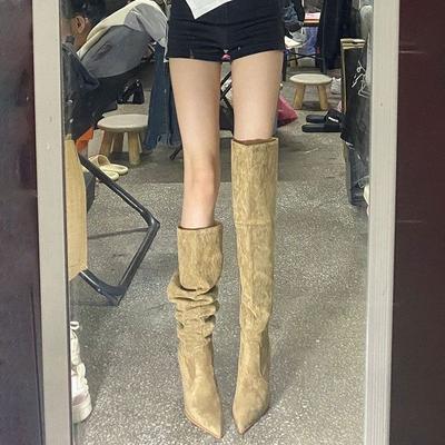 Ботильоны с острым носком на шпильке, высокие замшевые ботфорты до бедра для высоких женщин, весна и осень