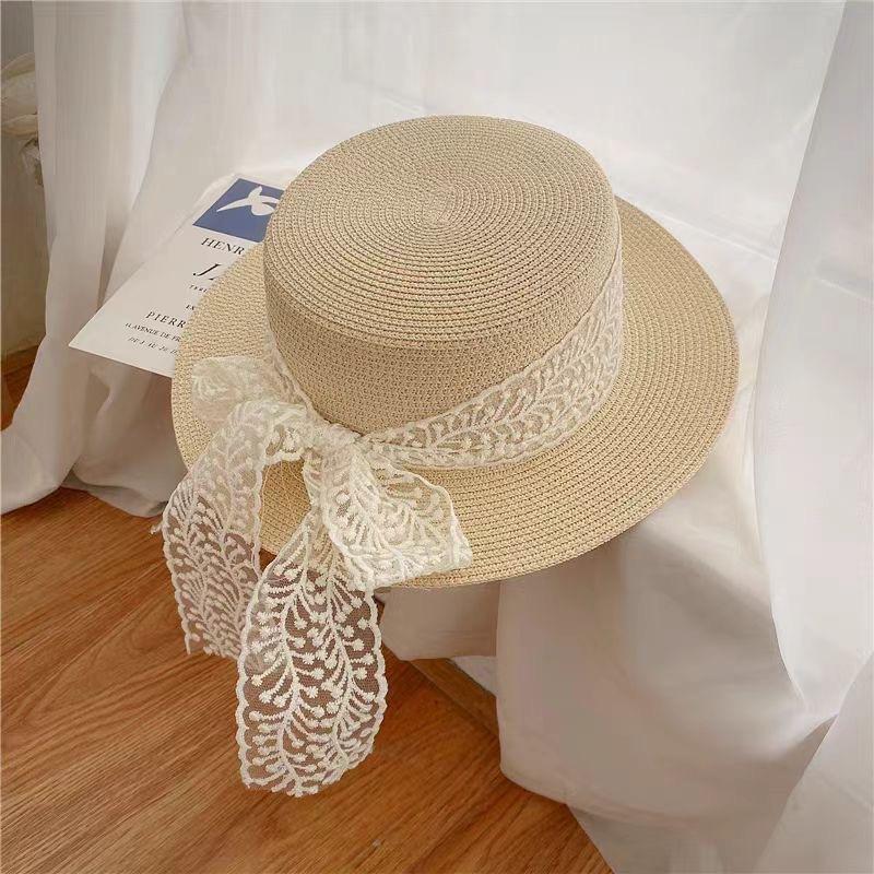 Pastoral Style Fashionable Versatile Flat Top Lace Sun Hat Woven Straw Sun Hat for Outings Sun Protection Large Brim