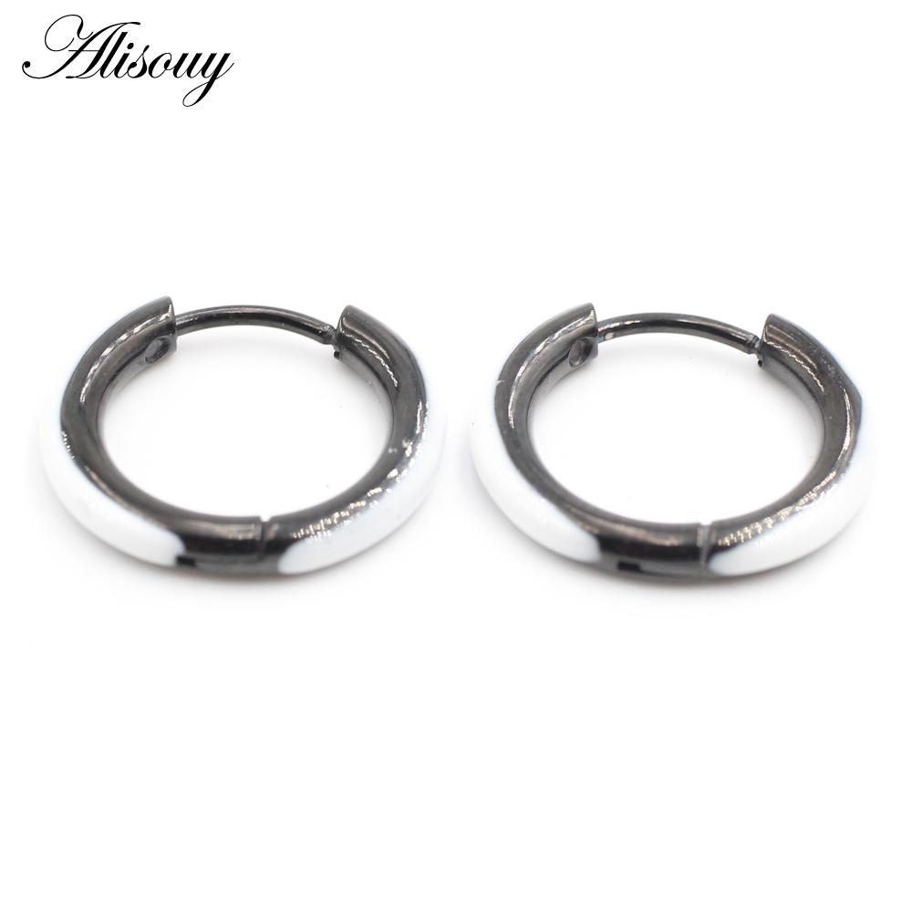 Alisouy 2PCS Punk Rock Hiphop Stainless Steel Enamel Circle Round Ear Helix Clip Huggie Buckle Women Men Unisex Hoop Earrings