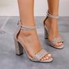 Women Sandals 2025 New Luxury Women Shoes Shiny Bow Sequins Gold Silver Buckle Thick Heels High Heels Party Wedding Shoes