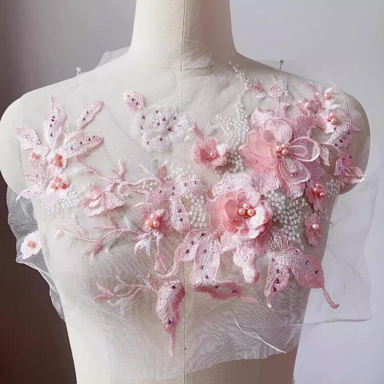 1 Piece Large 3D Lace Applique Trim Patches Pearl Purple Flower For Prom Wedding Dress Accessory Lace Fabric DIY 33*26cm