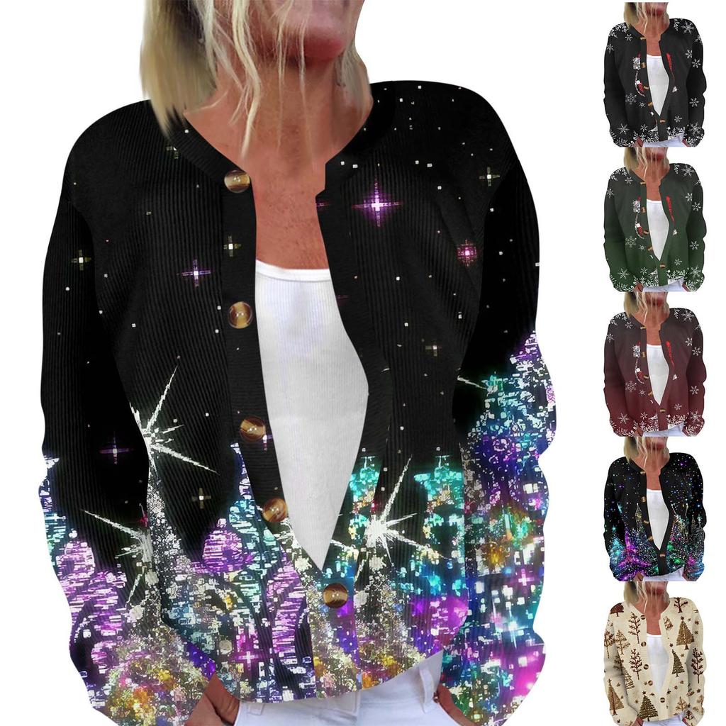Women's Fashion Long Sleeve Christmas Snowman Snowflake Print Jacket Cardigan