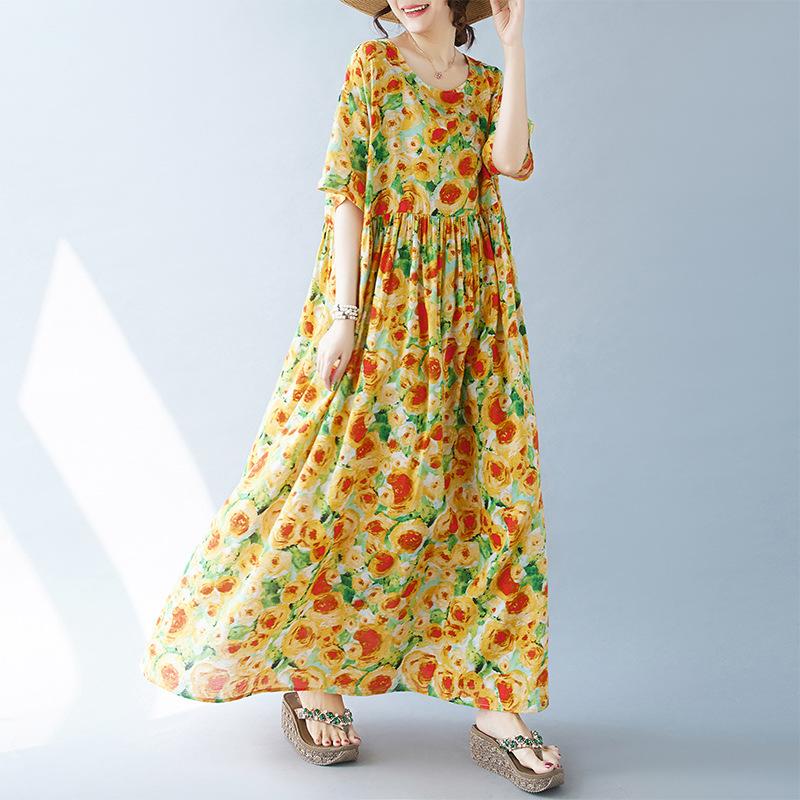 Женское платье больших размеров, простое модное богемное длинное платье, летние платья с коротким рукавом и круглым вырезом с принтом