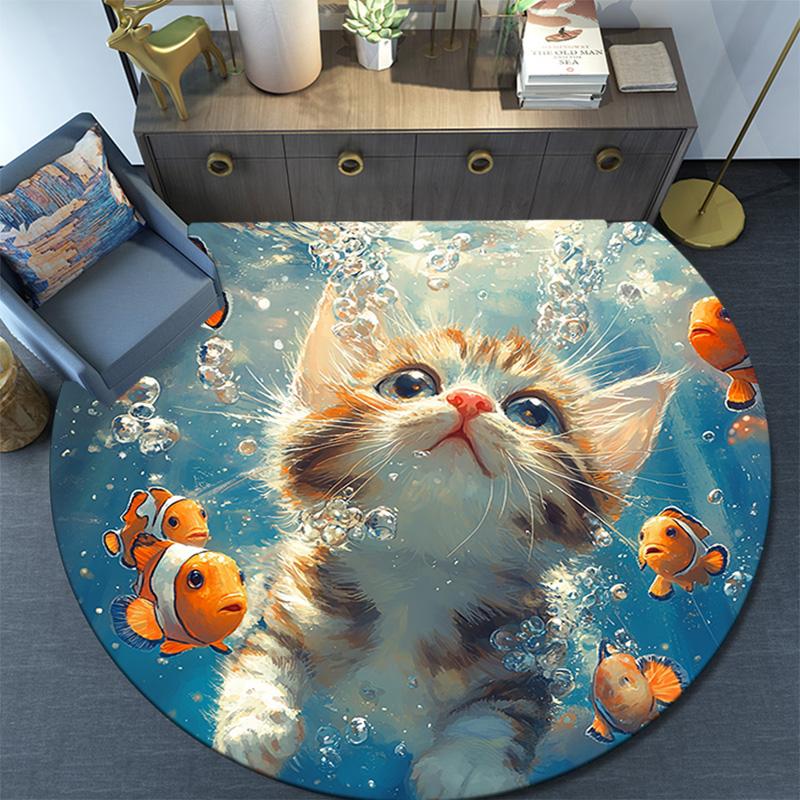Kitten Clownfish Round Area Rug,Carpet Rug for Living Room Bedroom Sofa Playroom Decor,Non-slip Floor Mat