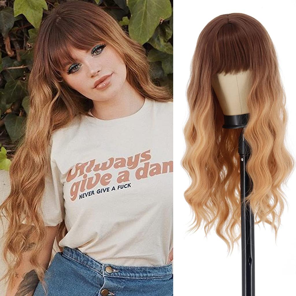 MERISIHAIR Ladies Fashion Long Curly Hair Wig with Bangs Synthetic Fiber Wavy Wig Black Brown Blonde Blue for Women Cosplay Daily Wear
