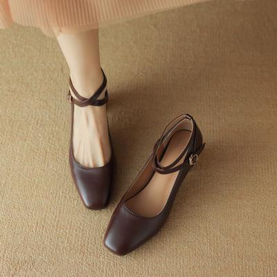 Новые женские кожаные туфли черные повседневные на высоком каблуке женские одинарные туфли с пряжкой квадратный носок квадратный каблук кожаные туфли мягкая подошва