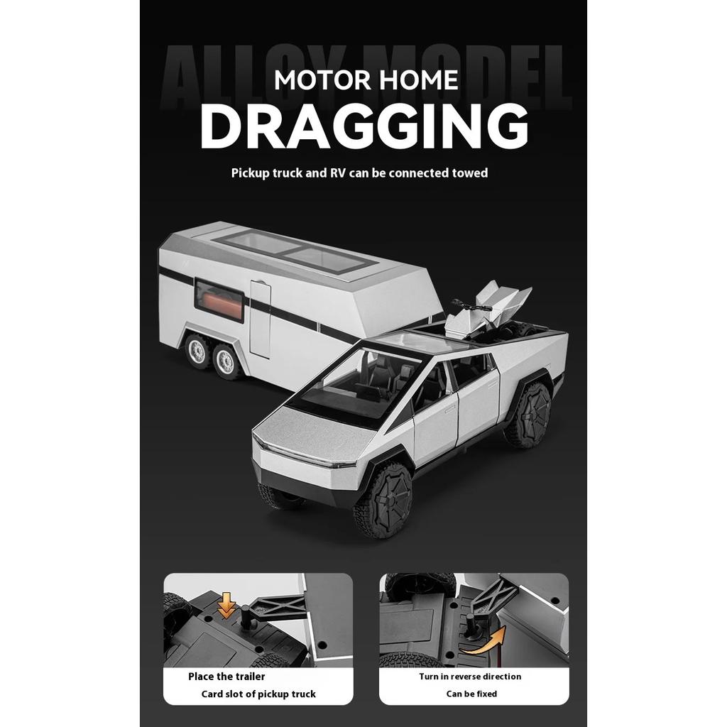 Масштаб 1/32 Пикап Tesla Cybertruck Прицеп RV Металлический сплав Игрушки Модель автомобиля Литой под давлением Внедорожник Подарок для мальчиков детей Коллекция Украшения для грузовика