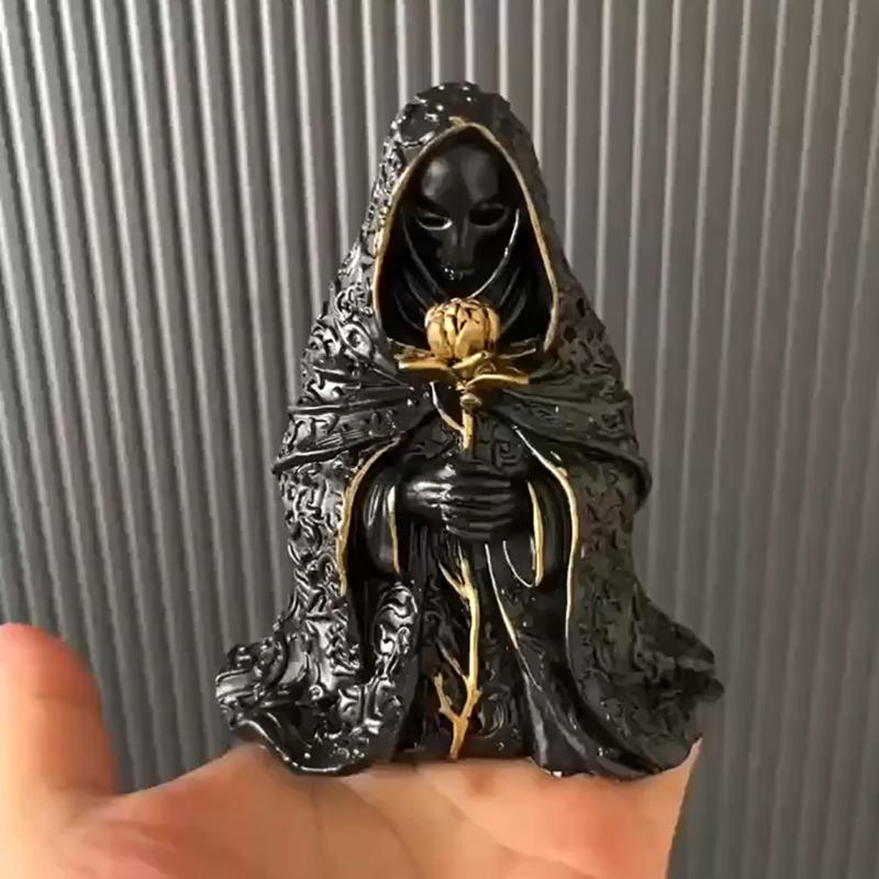 Gothic Black Robe Hooded Figure Resin Sculpture Mystical Wizard Statue Halloween Ornament Desk Decor For Home Or Office