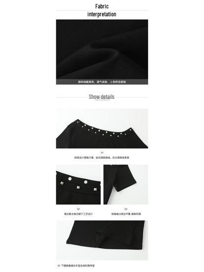 Женская черная асимметричная футболка с открытым плечом и стразами, коллекция лето 2025 - Шикарный и уникальный стиль