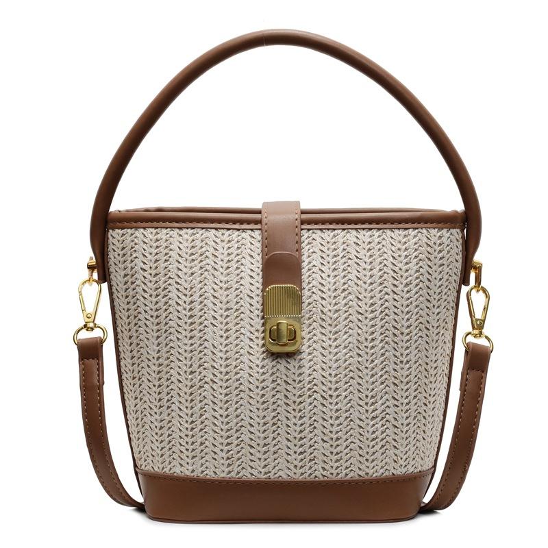 Korean Ins Casual Straw PU Hand-carried Bucket Bag Women's 2025 New Fashion Versatile Commuter Temperament Messenger Bag