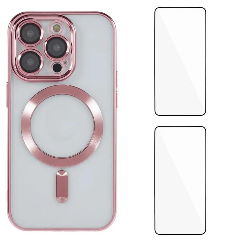 For iPhone 13 Pro 6.1 Inch Magnetic Case WANLONFENG Electroplated TPU Cover with Lens Film+2Pcs Tempered Glass