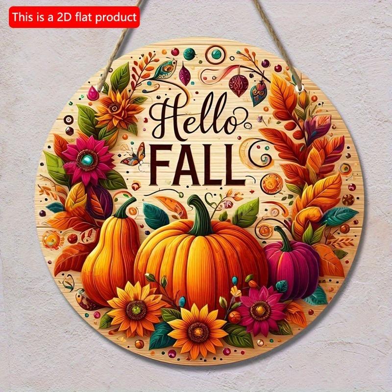 2d Flat 20*20cm, Autumn Home Decoration, "hello Fall", Wooden Welcome Circular Creative Decoration Logo, for Home, Kitchen, Garden, Bedroom, Bar Decor