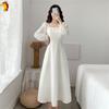 Spring Autumn Square Collar Elegant Fashion Solid A-line Dress Women Temperament Long Sleeve Robe Vestidos
