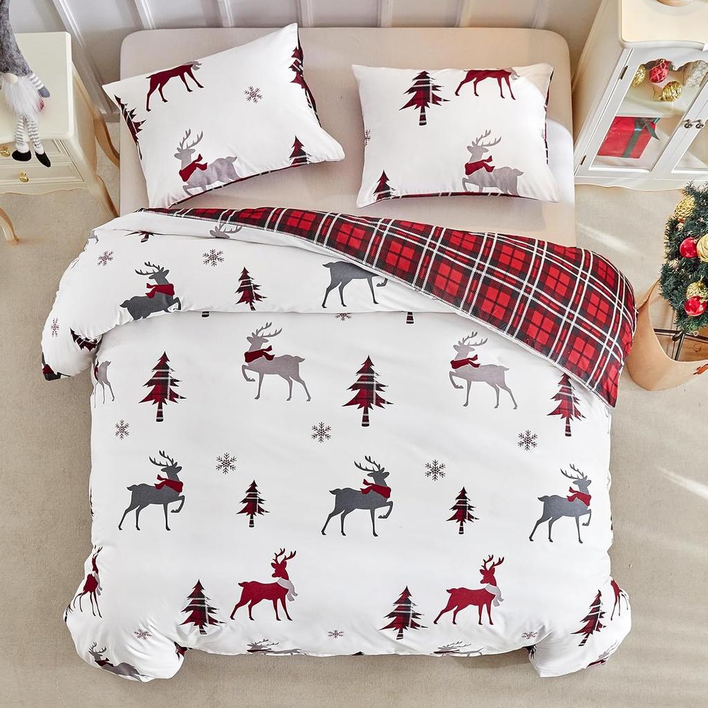Комплекты пододеяльников размера кинг с рождественским принтом оленей - Мягкая микрофибра, красные комплекты постельного белья размера кинг, рождественское постельное белье 230x220 см