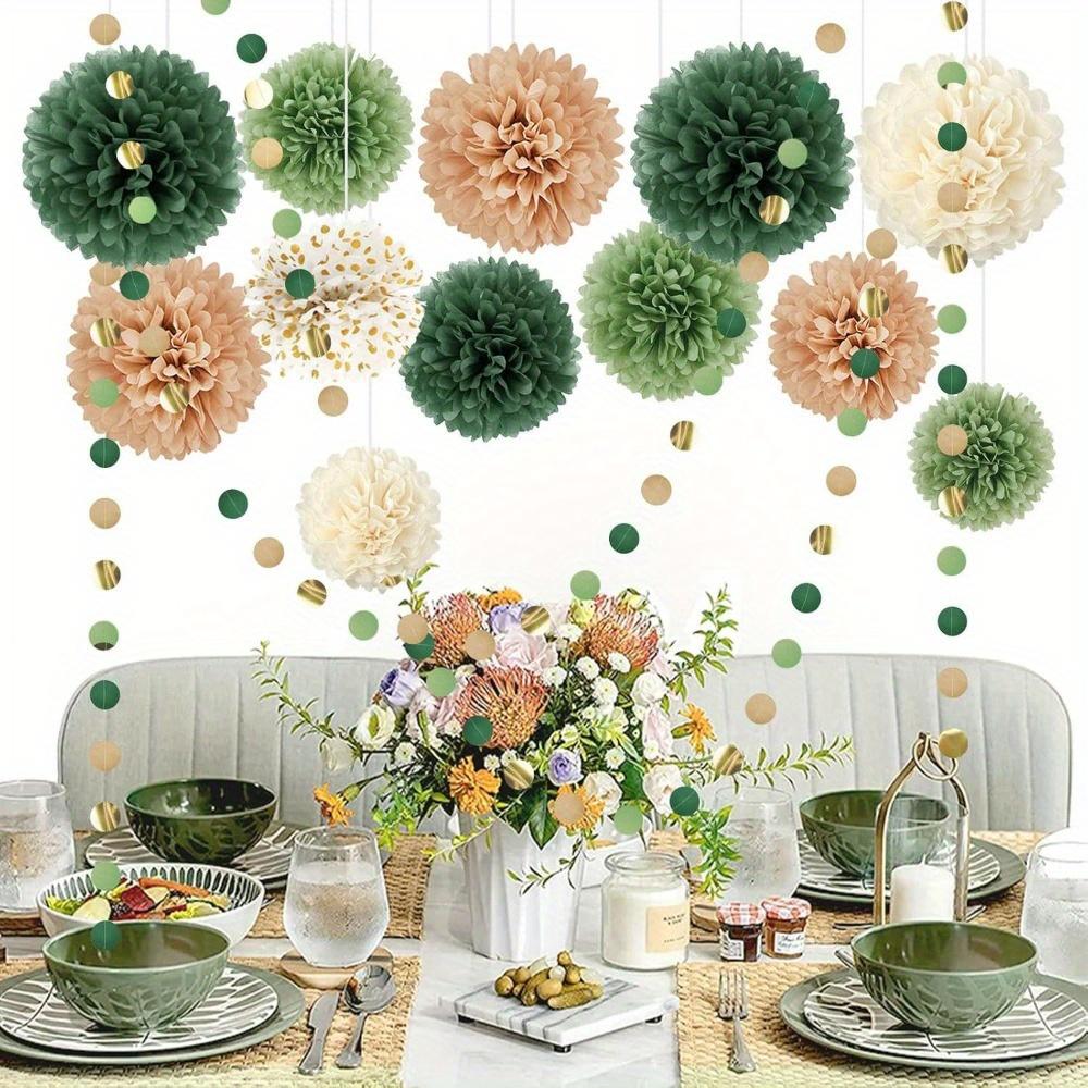 15pcs Wedding Party Decorations Set Green Tissue Paper Pom Poms Dot Paper Garland String Hanging Backdrop for Engagement Green Boho Wedding