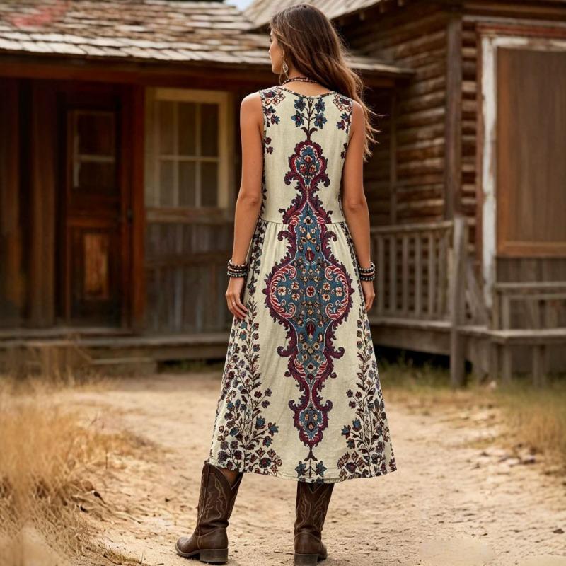 Summer Vintage Bohemian Printed V Neck Sleeveless Maxi Dress