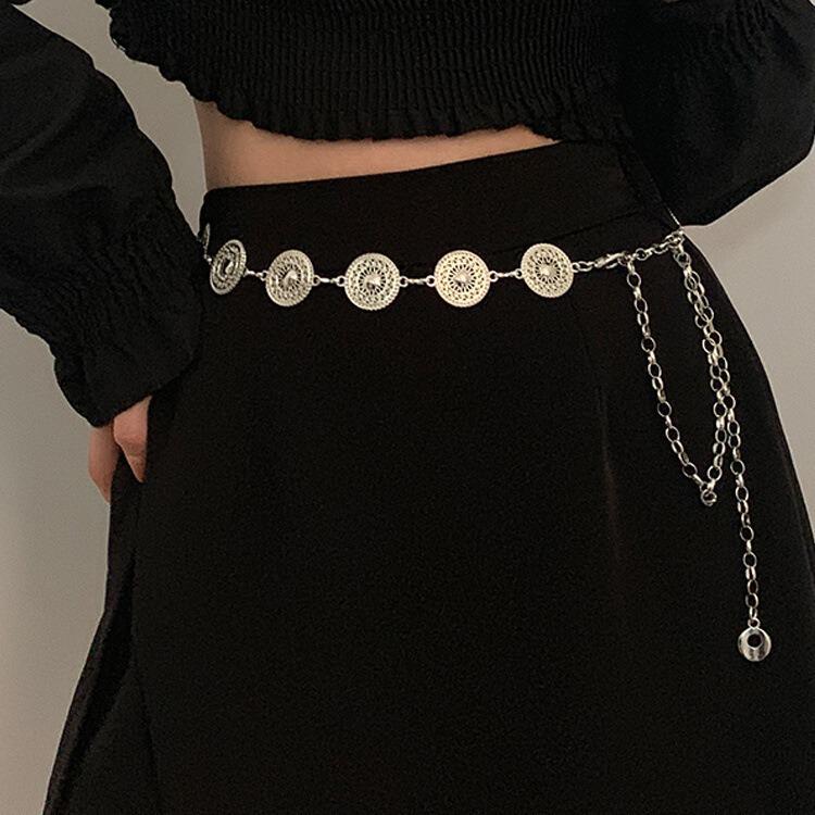 Trendy Y2K Metal Waist Chain: European & American Niche Bohemian Round Plate Jewelry Belt for Women