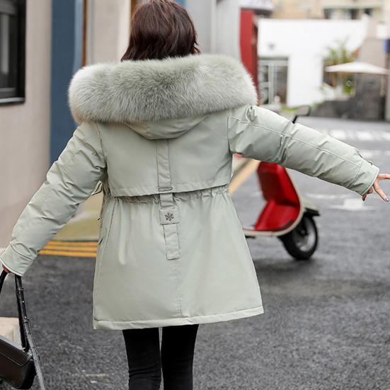 Зимнее пуховое пальто с утолщенным стеганым плюшевым капюшоном, средней длины, ветрозащитными карманами, длинными рукавами, регулируемым шнурком, повседневная верхняя одежда из хлопка, куртка