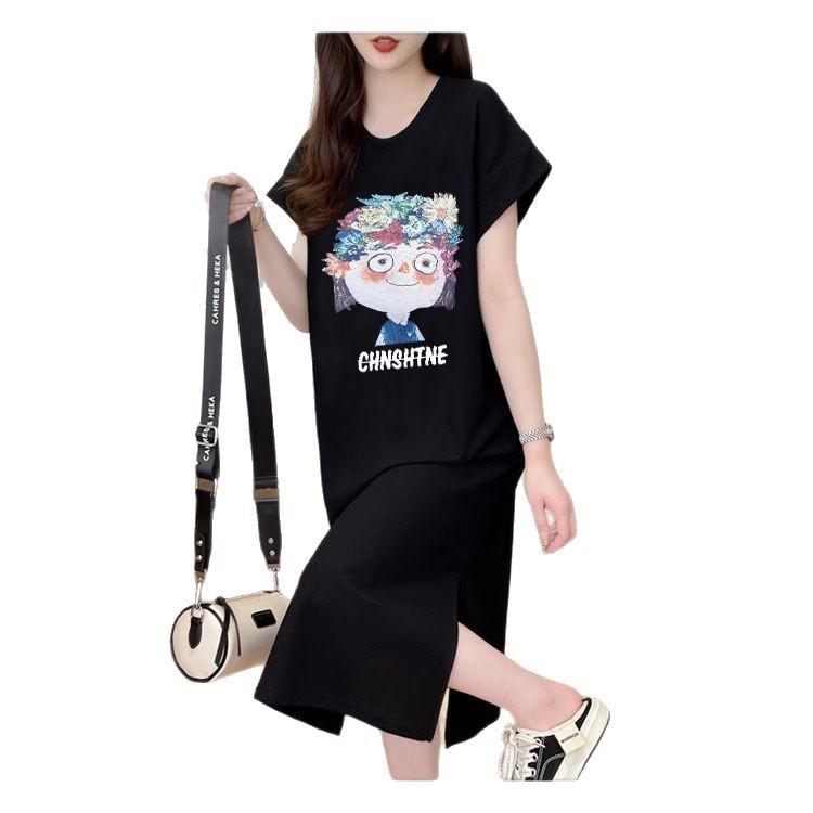 Женское модное свободное корейское платье-футболка, летнее платье Fat Mm с коротким рукавом выше колена, длинное платье с разрезом в виде мультфильма
