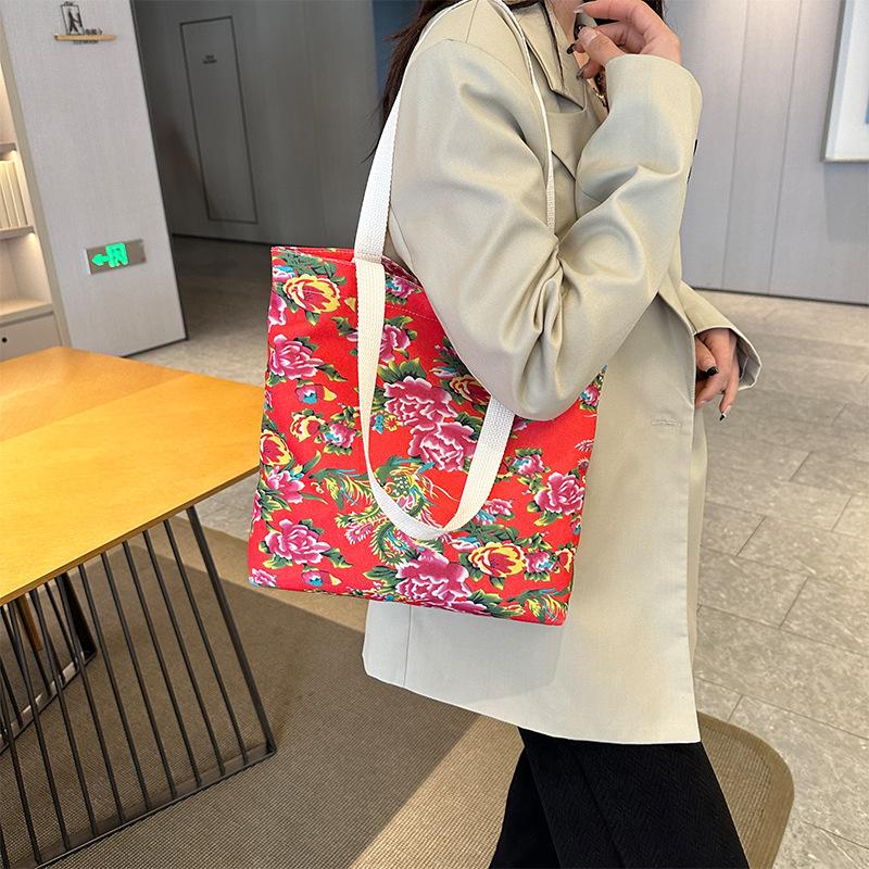 New Northeast Big Flower Bag Satchel Rural Wind Canvas Bag Personalized Trend Large Capacity Shoulder Bag Hand